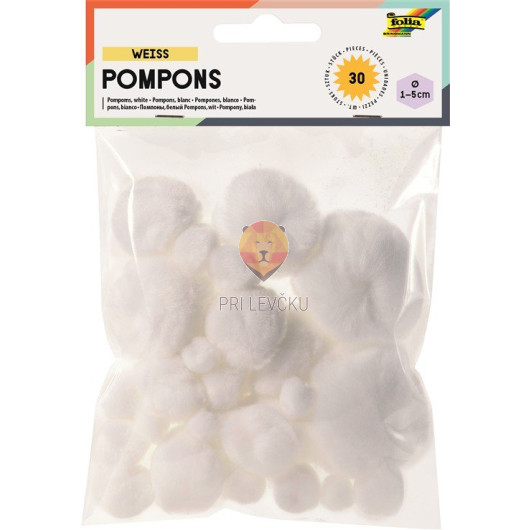 Pom pom cofki beli mešane velikosti 30 kosov