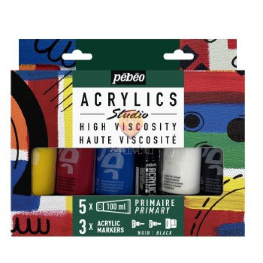 Primarni set akrilnih barv STUDIO ACRYLICS 5 kosov po 100ml in 3 kosi akrilnih flomastrov